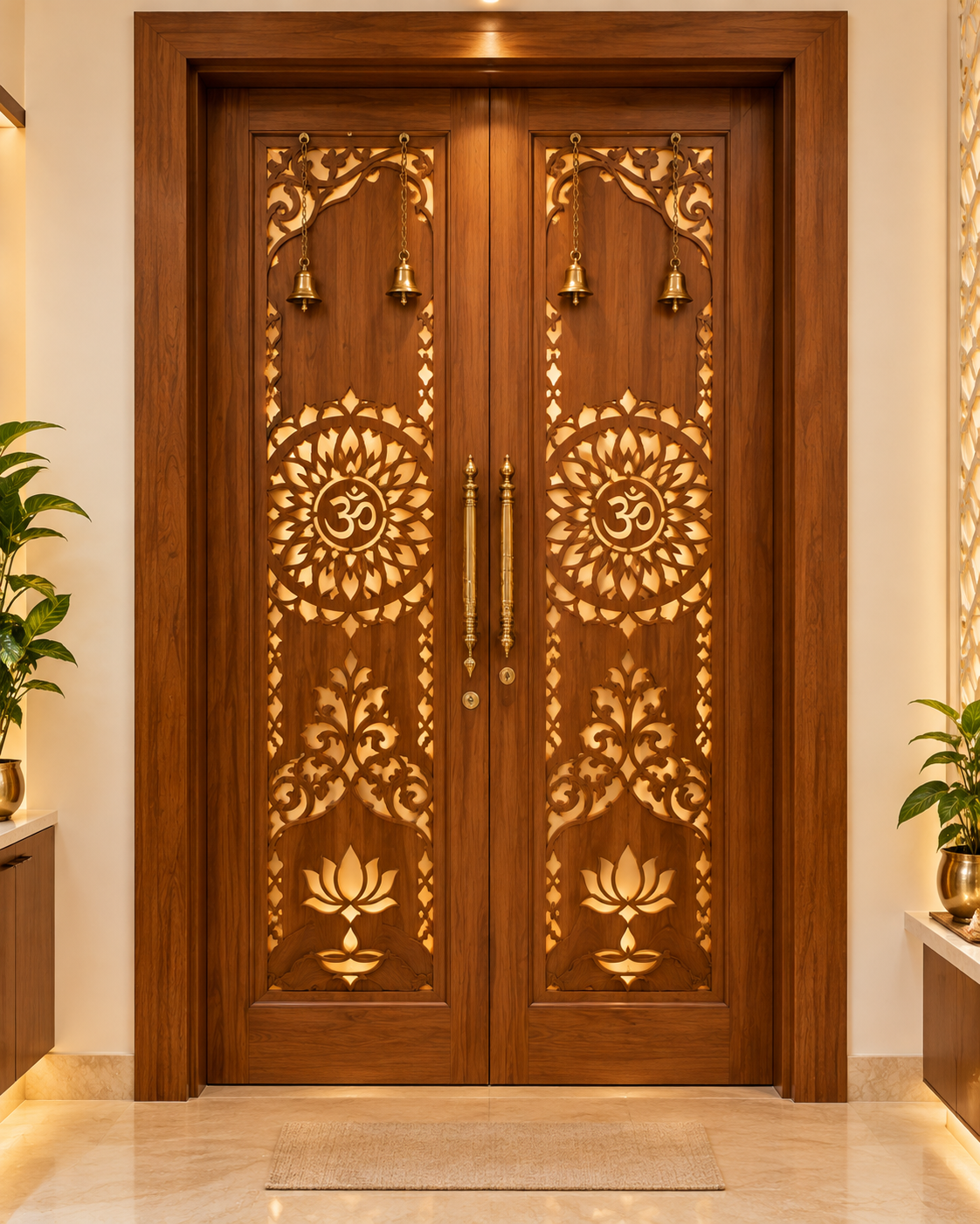 Warm wood slatted entrance framing an illuminated pooja space